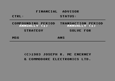 Financial Advisor title screen for Commodore 64